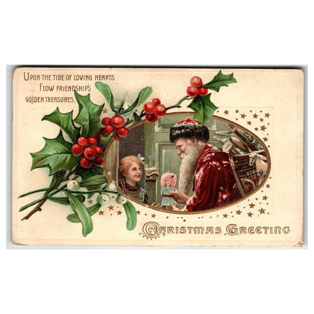Vintage Christmas Greeting Postcard Santa Girl Doll Embossed Germany 1900s
